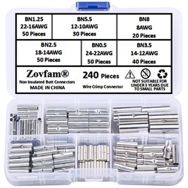 Non Insulated Butt Connectors Tinned Copper Wire Splice Connectors 24-22 AWG 22-16 AWG 16-14 AWG 14-12 AWG 12-10 AWG 8 AWG Crimp Wire Terminal Connectors for Automotive, Electrical and Home, 240PCS
