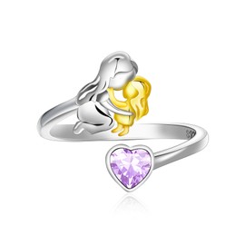 Qings June Alexandrite Birthstone Ring 925 Sterling Silver for Mother Daughter Heart Birth Stone Mom Adjustable Open Ring
