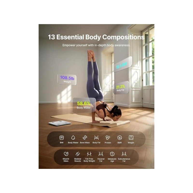 FITINDEX 체중을 위한 FITINDEX 스마트 체중계, BMI, 체지방, 근육량, [White]