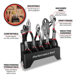 Performance Tool W1705 Pliers Set with Rack (10 Pieces) - Double Dipped Grip Handles, Heat-Treated Alloy Steel, Free Standing or Pegboard Hanging, Machined Jaws, Induction Hardened Cutting Edges