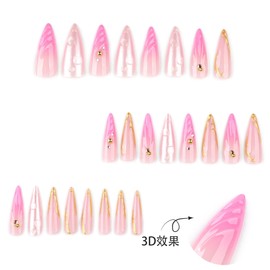 24PCS Sparkly 3D Shells Press on Nails 3D Gold Curve Line False Nails Summer Mermaid Nails Press with 3D Pearl Pink Shell Designs False Nails Water Drop Glue on Nails for Women Artificial Cute Nails