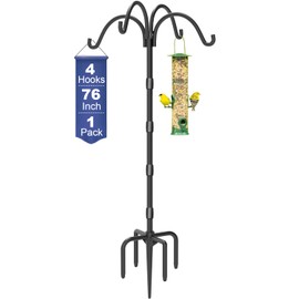 Tikimilor Upgrade 4-Hook Shepherds Hooks for Outdoor with Plastic Tube, 76" Heavy Duty Bird Feeder Pole with 5 Prongs Base, Adjustable Garden Hook for Solar Light, Hanging Plant, Wedding Decor, 1 Pack