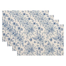 Navy Blue Floral Placemats 12x18 Inches Set of 4,Spring Summer Navy Blue Flower Leaf Decorative Rectangle Linen Table Mats for Party Home Kitchen Dining Table Decor
