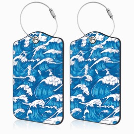 Mazumbuy 2 Pack Luggage Tags for Suitcases Japanese Sea Wave Leather Luggage Tags Privacy Cover ID Label with Stainless Steel Loop and Address Card for Women Men Travel Bag Backpack