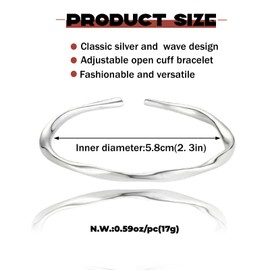 zurabini 1 PCS Silver Bangle for Women Adjustable Open Cuff Silver Bangle, Polished Lightweight Bangles for Women Perfect for Daily & Formal Wear, Stackable Jewelry Gift