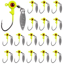 Shaddock Fishing Crappie Jigs Big Eye Jig Heads, 16Pcs Flat Round Head Jig Hooks Spinner Blades Fishing Hooks Painted Fishing Jigs Lures for Bass Trout (Yellow, 1/8oz)