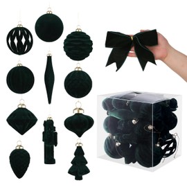 Enanal Velvet Christmas Tree Ornaments - 42ct Shatterproof Dark Green Hanging Bulbs with Ribbons for Xmas Tree Decor Indoor Holiday Party Decorations