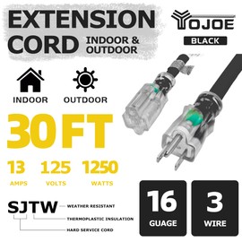 YOJOE 30 Foot Black Outdoor Lighted Extension Cord - 16/3 SJTW Extension Cable with 3 Prong Grounded Plug - 16 Gauge Extension Cord for Garden, Lawn, Yard Decorations Outdoor - UL Listed