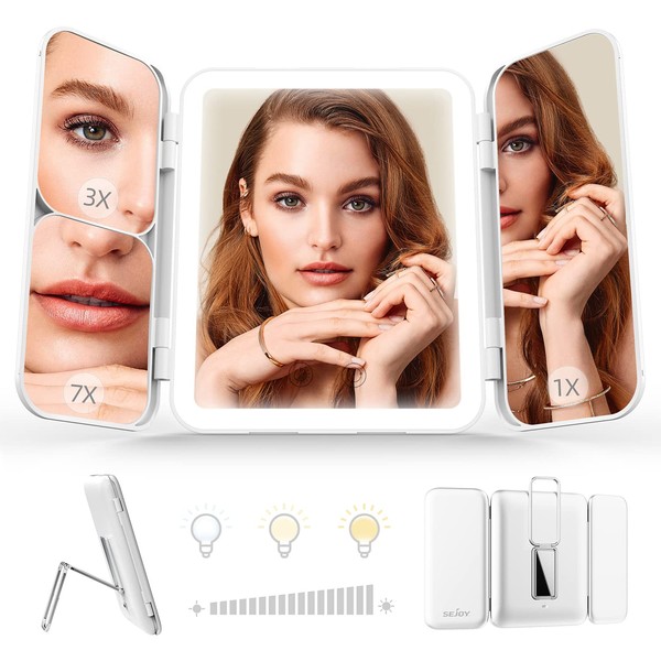 Makeup Mirror with Lighting, Foldable Cosmetic Mirror with 7X/3X/1X Magnification, 3-Colour LED Lights, USB Charging Dimmable Makeup Mirror