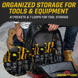 MagnoGrip RED Base PRO Tool Backpack - Heavy-Duty 1680D Polyester, 41 Pockets, Waterproof Base, Laptop Slot, MOLLE, USB Port, Lockable Zippers. Durable bag for Electricians, Contractors & DIYers.