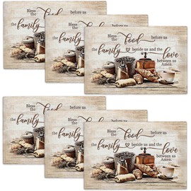 Christian Coffee Placemats Set of 6, Bless The Food Before Us Place Mats, Religious Table Mats for Kitchen Dining Table Kitchen Decor Linen 12x18 Inch