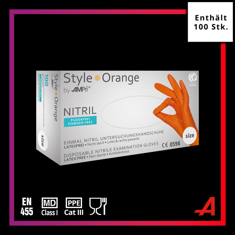 AMPri Med-Comfort Nitrile Gloves, Orange, Pack of 100, Size M,