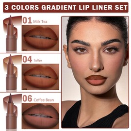 UAOE 3 Colors Gradient Lip Liner Pencil Brown Lip Liner Set and Lipstick Combo High Pigmented Velvet Matte Lip Crayon Long Lasting for Women Lipstick Blush Eyeshadow #Milk Tea+#Toffee+#Coffee Bean