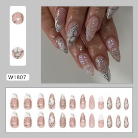 3D Embossed Silver Press on Nails Medium Almond Fake Nails with Heart Design White French Tips Glue on Nails Glossy Reusable Spring Summer False Nails for Women Girls Manicure 24pcs