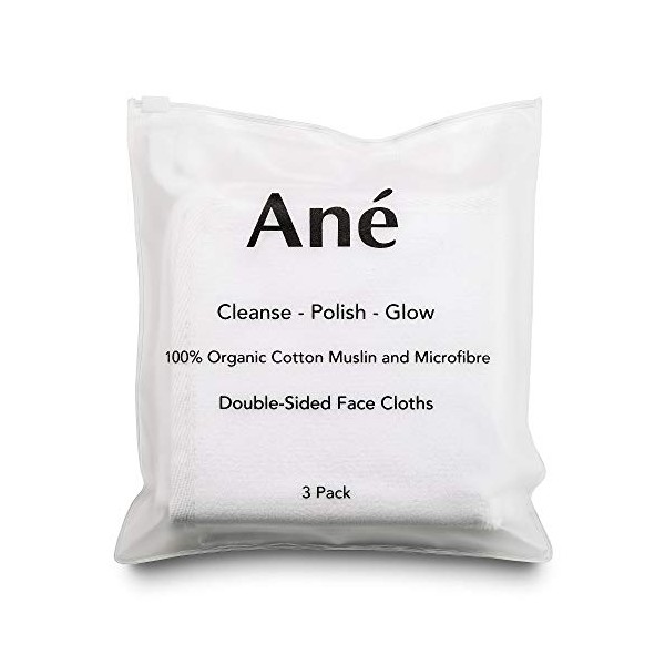 AnÃ© 3 Double Sided Organic Cotton Muslin and Microfibre Cleansing and Exfoliating Flannel Face Cloth for Cleansing, Makeup Remover and Gentle Face Exfoliation