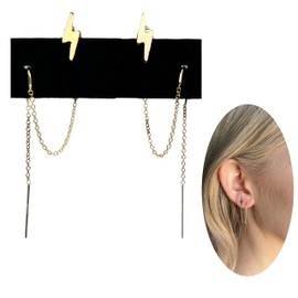 Double Earrings for Two Holes Set, Threader Two Hole Boho Handmade Unique Chain Earrings, 14k Gold Filled and Sterling Silver (Silver, Cross)