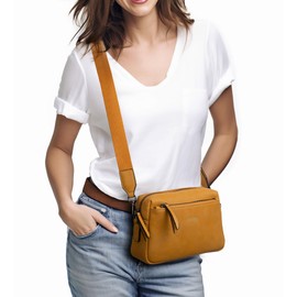 Alldaily Small Triple Zip Crossbody Purse for Women, Vegan Leather Phone Bag with Wide Shoulder Strap (Yellow)