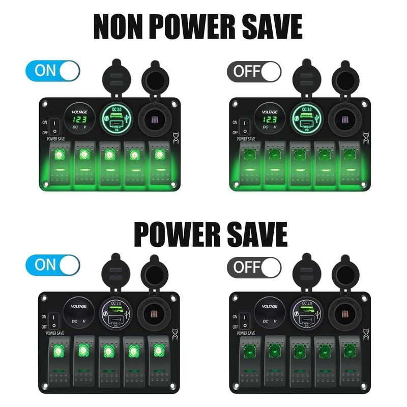 FXC Waterproof Rocker Switch Panel Green 5 Gang with QC3.0