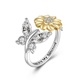 YFN Sunflower Rings Sterling Silver Flower Open Adjustable Ring with Bee/Ladybird/Butterfly/Dragonfly for Women Girls, Sterling Silver, Cubic Zirconia