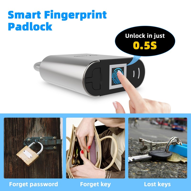 KENRONE Fingerprint Padlock, Biometric Smart Lock, Silver, Waterproof Locker Lock