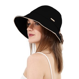Sun Hat for Women Wide Brim Bucket Hats with Bow Ponytail Hole UV Protection Beach Cap for Summer UPF 50+(Black)