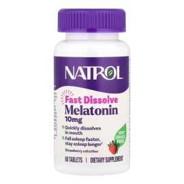 Natrol Melatonina 10 mg – 60 tabletas de disolución rápida sabor fresa, fórmula vegetariana, sin gluten ni OMG, sin necesidad de agua, ideal para rutina nocturna