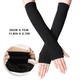 Visxcnu 2 Pairs of Long Arm Warmers, Long Black Fingerless Gloves, Arm Warmers, Elbow Length, Winter Thermal Stretchy Knitted Gloves with Thumb Hole for Women (Black + Grey), black