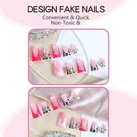 Press on Nails Duck Shaped Glossy Full Cover Medium Acrylic Duck French False Nails with Butterfly Gems Designs Artificial Duck Fake Nails with Charms Glue ons Nails Stick on Fingernails for Women