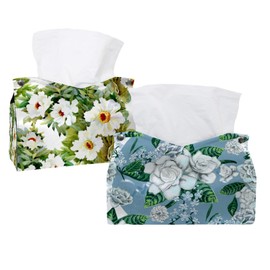 2 Pack Tissue Box Cover Holder, White Gardenia Rectangle Leather Tissue Case, Decorative Organizer for Tabletop, Bathroom, Car, Office