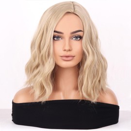 BERON Blonde Wigs for Women Short Curly Wavy Wig Girls Ash Blonde Color Body Heat Resistant Synthetic Hair Wig for Cosplay Party or Daily Used