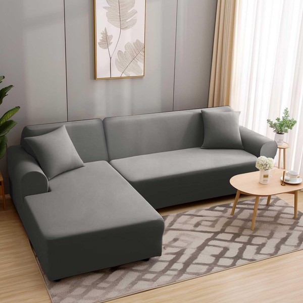 HEYOMART Sofa Cover Corner Sofa L Shape Stretch Sofa Cover Universal Couch Cover for 1/2/3/4 Seater – 3 Seater, Grey (L Shape Corner Sofa Requires Two)