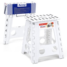 ACSTEP Folding Step Stool 16 Inch Heavy Duty Step Stool Foldable for Adults and Kids, Collapsible Stepping Stool with Handle, Non Slip Folding Stools for Kitchen Hold Up to 400lbs (White 1PC)