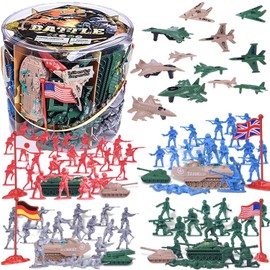 Liberty Imports 124 PCS Army Men Toy Figures Military Forces Bucket Play Set, World War II Battle Plastic Soldiers Set with Vehicles for Boys, Kids Imaginary Play
