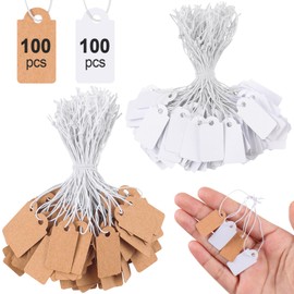 Caianwin Pack of 200 Mini Price Tags with Elastic Cord, 26 x 13 mm Labels Pendants, White and Brown Small Hanging Labels for Jewellery Display