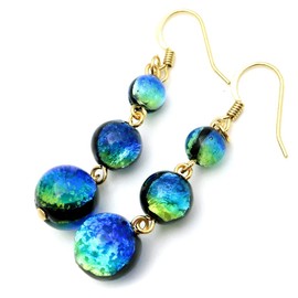 Gold Stone Luminous Keramarin Firefly Glass Earrings for Both Ears, Hook Earrings, Brass, Dragonfly Ball, Okinawa, 3 Rows, Glass