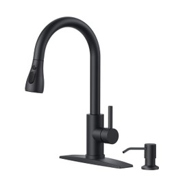 FORIOUS Black Kitchen Faucet with Soap Dispenser, Single Handle Stainless Steel Transitional Sink Faucet with Pull Down Sprayer 1 or 3 Hole, Suitable for Farmhouse Laundry Camper RV Bar