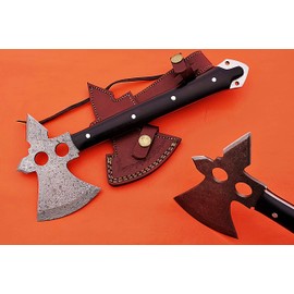 Damascus Steel Cabin Axe, 12 Inches Long Hand Forged rain Drop Pattern Damascus Steel Axe Head, Black Scale Handle with 2 Inserting lace Hole, Bearded Hiking Battle Axe, Thick Cow Hide Leather Sheath