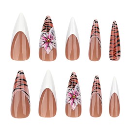 MISUD Press on Nails Long Stiletto Fake Nails Glossy Glue on Nails White French Tip Acrylic Nails Almond Artificial Nails Brown Cheetah Stick on False Nails with Flower Design 24pcs