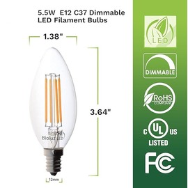 Bioluz LED 60W Candelabra Light Bulbs Uses 5.5W Dimmable E12 Base Candle Bulbs Warm White 2700K LED Filamament Candle Bulb Dimmable UL Listed Title 20 92 CRI 12-Pack