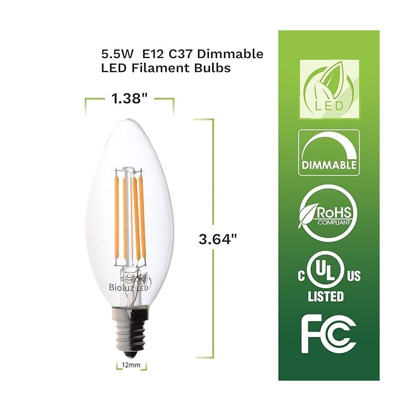 Bioluz LED 60W Candelabra Light Bulbs Uses 5.5W Dimmable E12