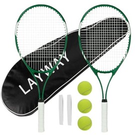 Rackets 2 Players Recreational Beginners,Pre-Strung 27 Inch Light Adult Racquet Set for Women Men with Tennis Balls,Overgrips and Carry Bag - Color: Green
