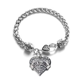 Inspired Silver - Love Yourself - Silver Braided Bracelet for Women - Pave Heart Charm Bracelet Jewelry Gift with Cubic Zirconia - Women's Charm Bracelet with Lobster Claw Clasp