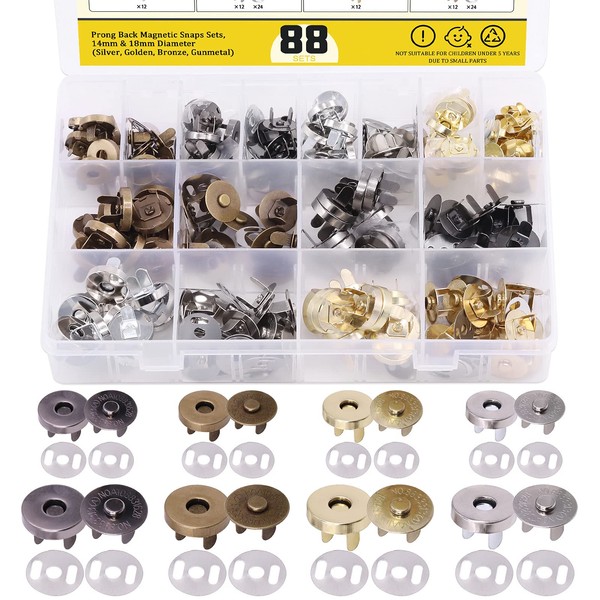 Mardatt 88 Sets 14mm &18mm Button Clasps Closures with Washers, Bronze, Gunmetal, Silver, Gold Purses Round Snaps Button DIY Craft Sets for Sewing, Craft, Purses, Bags, Clothes, Leather