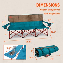 Kelty Lowdown Couch - 3 Person Capacity Camping Chair, Extra Large and Sturdy Bench for Campsites, Soccer Games, and Backyard Parties, with Cup Holders|Arm Rest, Polyester, Deep Lake/Fallen Rock