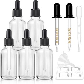 5 count, 1 oz Clear Dropper Bottle with 2 Extra Glass Dropper, 1 Funnel, 1 Pipette, 8 Labels 30 ml Eye Dropper Bottle for Essential Oils  Hair Oils  Cuticle Oils - Color: Clear-Gold Lids