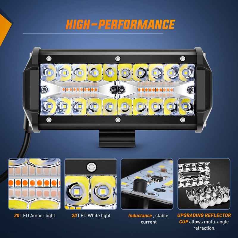 Nilight 2PCS 6.5 Inch 120W LED Light Bar Amber White