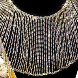 Rhinestone Fringe Trim 1 Yard, Extra Long Sparkling Crystal Tassel Chain for Wedding Dress Decorations, Costumes, Sewing DIY Crafts (Gold,AB Color Long Fringe Trim)