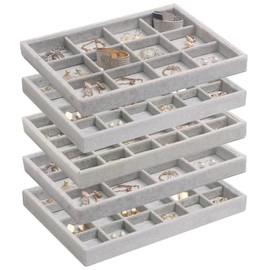DIOMMELL Set of 5 Stackable Velvet Jewelry Trays Organizer Jewelry Display Showcase Dresser Drawer Organizer Storage Box for Ring Earring Bracelet Necklace Accessary, Grey