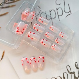 24Pcs Valentines Press on Nails Short Square Fake Nails with Heart Designs French Tip Acrylic False Nails Full Cover Love Hearts Nails Tips Glue on Nails Valentine Nail Art Decorations for Women Girls