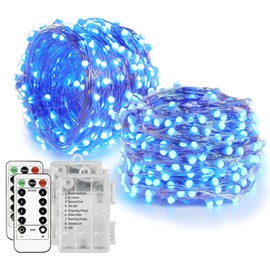 Homemory 2 Pack 33 Ft 100 LED Blue Halloween Fairy Lights, Battery Operated String Lights with Remote, Waterproof 8 Modes Firefly Twinkle String Lights for Christmas Decor